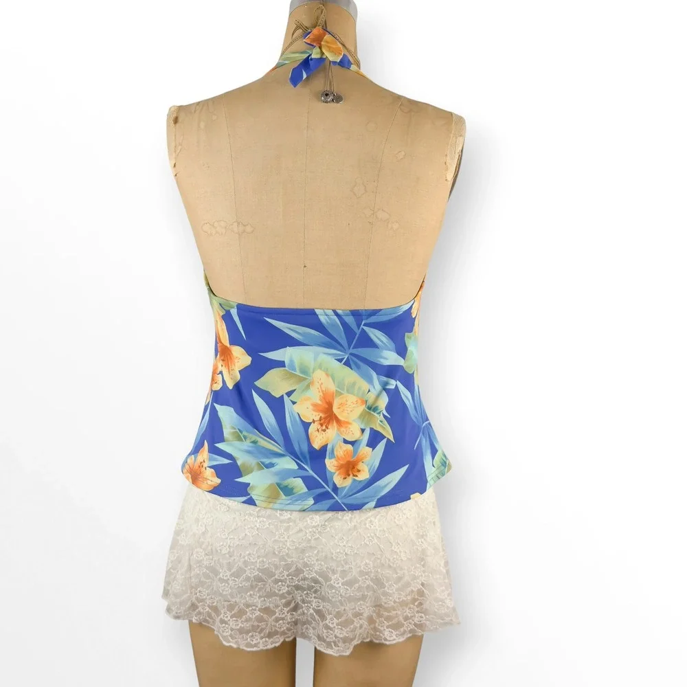 Vintage Y2K Tropical Floral Swim Halter Top Hibiscus Open Back Coconut Girl Sz L